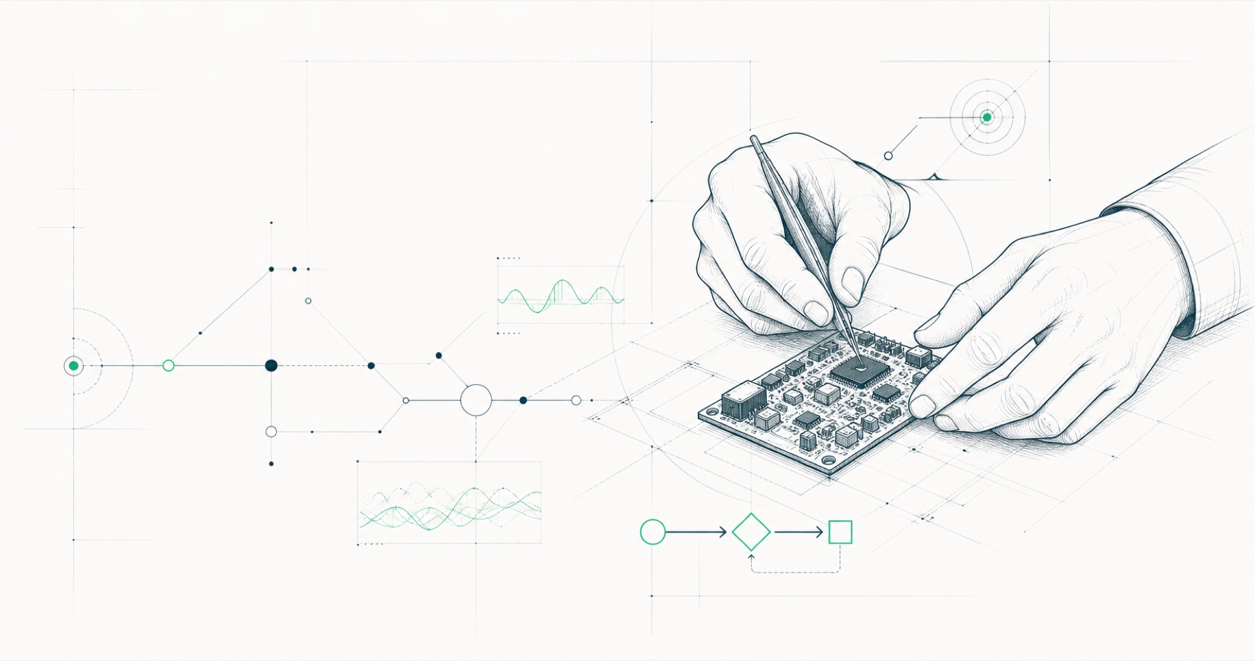 Boceto técnico de manos de ingeniería trabajando sobre un circuito electrónico